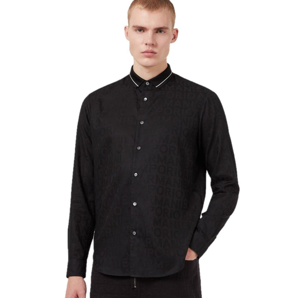 Emporo Armani Shirt with polo-style collar with all-over jacquard lettering 6K1CD21NI5Z1F048 Black